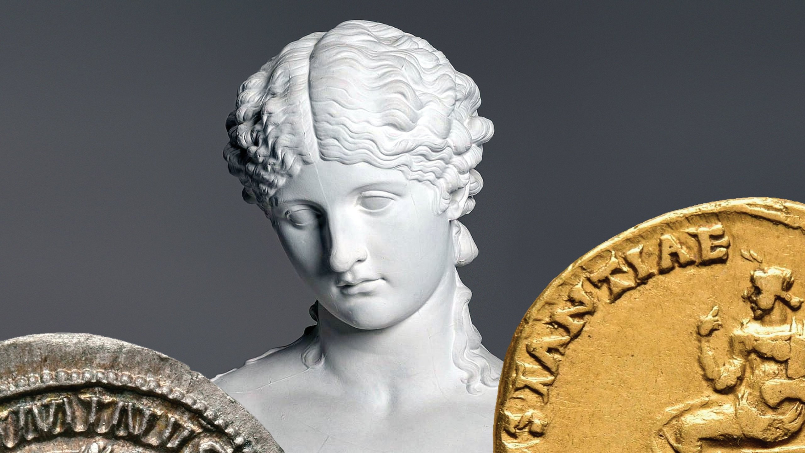 3D render of a female statue head, in the foreground the rims of a silver (left) and a gold (right) coin with lettering
